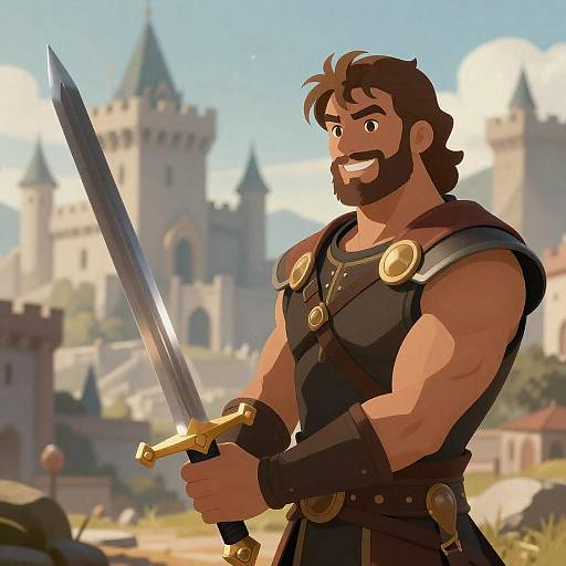 Heroic Warrior in Medieval Landscape