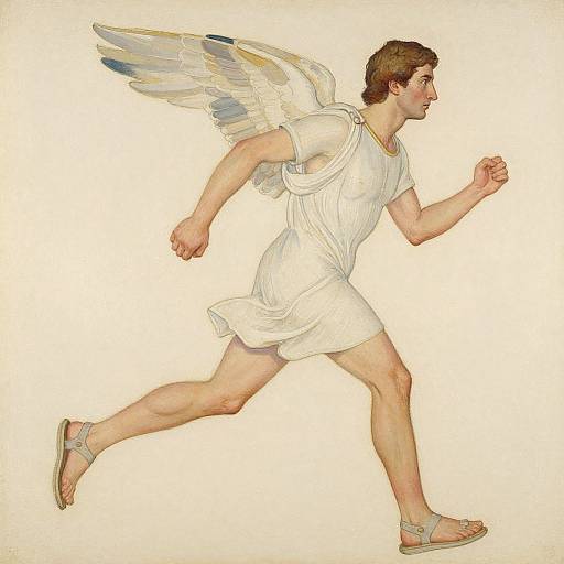 Digital illustration of a young man with white wings, running in a white toga and sandals, against a plain background.