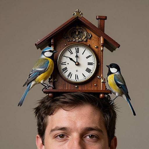 Photograph of a man with short brown hair, blue and yellow birds perched on an antique wooden clock atop his head.