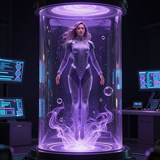 Digital CGI image: A glowing, purple-lit, futuristic woman in a sleek, silver bodysuit stands inside a transparent cylindrical chamber with floating bubbles