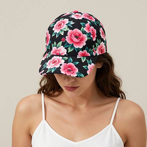 Photograph of a woman with long brown hair wearing a white spaghetti-strap top and a black floral-patterned baseball cap against a plain white background.