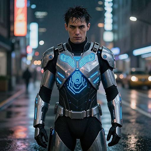 Photograph of a serious, wet-haired man in futuristic, silver and blue armored suit standing on a rainy city street at night. Neon signs and blurred
