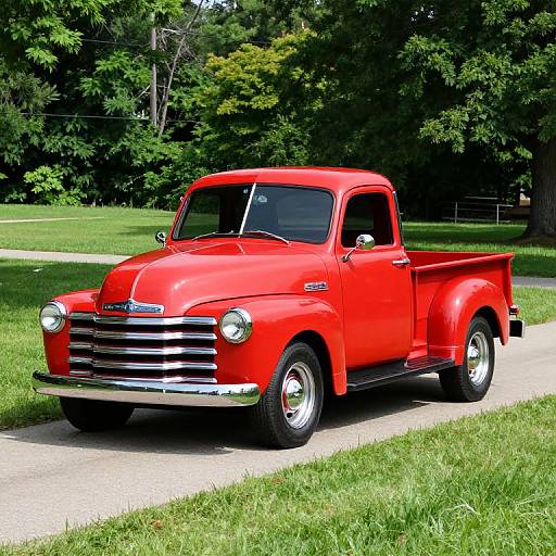 Photograph of a bright red, vintage 1950s Chevrolet pickup truck parked on a grassy path with a lush green forest background.