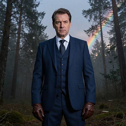 Photograph of a serious middle-aged man in a dark blue three-piece suit, brown gloves, white shirt, black tie, standing in a misty