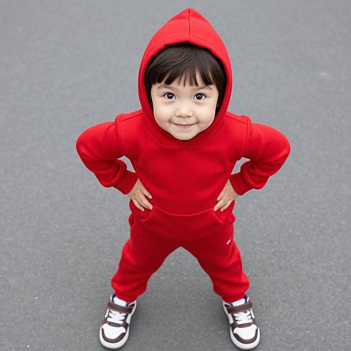 Photograph of a smiling Asian boy with black hair, wearing a bright red hooded onesie, standing confidently with hands on hips, on gray asphalt