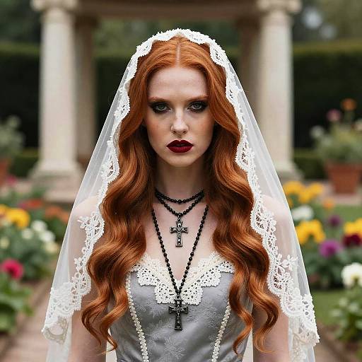Photograph of a pale-skinned woman with long red hair, wearing a white lace veil, gray dress, and black cross necklaces, standing in