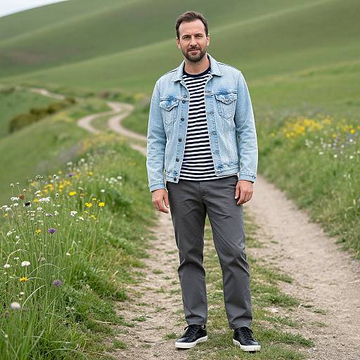 Photograph of a bearded man in a light blue denim jacket, black-and-white striped shirt, gray pants, and black sneakers, standing on a