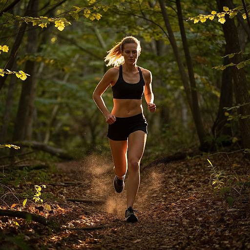 Photograph of a fit, blonde woman with a ponytail, wearing a black sports bra and shorts, running through a sunlit forest path, kicking