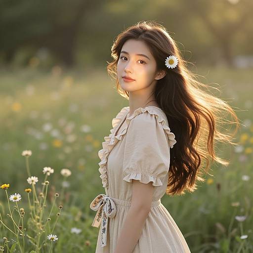 Photograph of a young Asian woman with long brown hair, wearing a cream dress with ruffles, standing in a sunlit meadow of dais