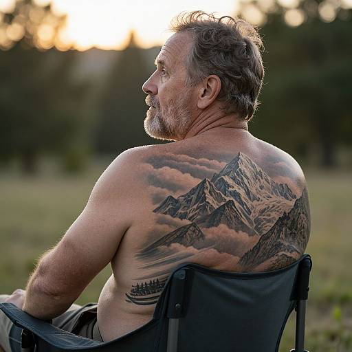 Elderly Man with Mountain Tattoo Sunrise