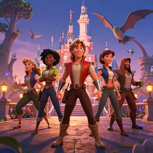 CGI animation of five adventurous women in medieval attire standing confidently in front of a glowing, fairy-tale castle at dusk. Birds fly in the vibrant