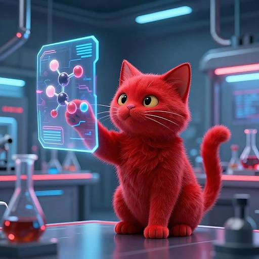 CGI image of a bright red, fluffy cat with large yellow eyes, touching a glowing molecular diagram in a futuristic lab.