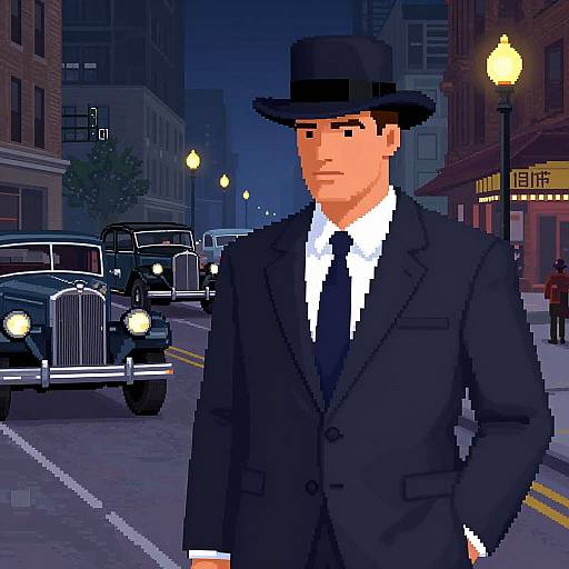 Pixel art of a stern man in a black suit, white shirt, black tie, and fedora, standing on a nighttime urban street with vintage cars