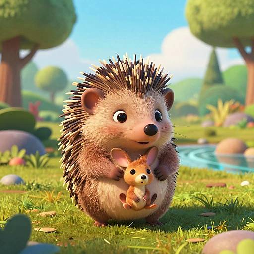 Digital art of a cute, chubby hedgehog with large eyes, holding a tiny mouse, in a bright, sunny meadow with trees and a pond