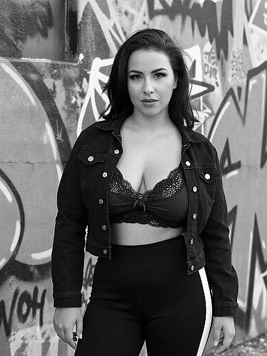 Black-and-white photograph of a confident woman with dark hair, wearing a lace bralette, denim jacket, and high-waisted pants, standing against