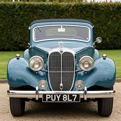 Photograph of a restored, classic blue vintage car with chrome details, 
