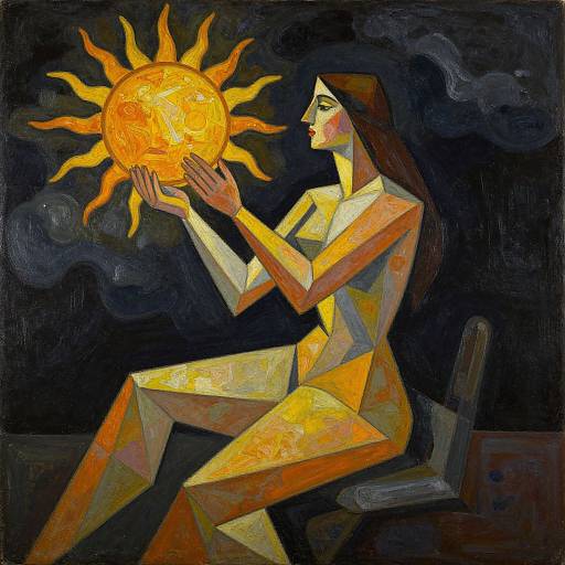 Abstract painting of a geometric, yellow-orange woman with long brown hair, holding a glowing sun, seated against a dark, smoky background.