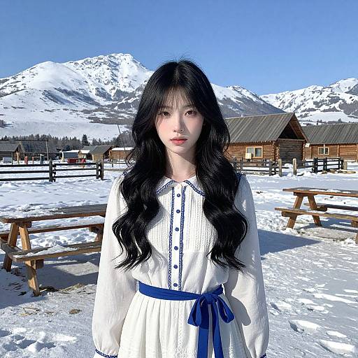 Young Woman in Snowy Mountain Village