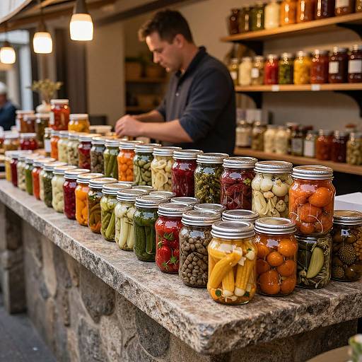 Photograph of a male jarred food vendor in a dark shirt, arranging colorful jars of pickled vegetables on a rustic wooden counter. Warm, ambient