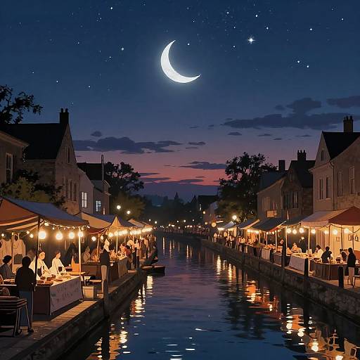 Serene Nocturnal Canal Market Scene