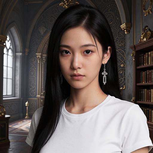 Photorealistic digital portrait of an Asian woman with long black hair, wearing a white shirt, elegant earrings, in an ornate, lit library.