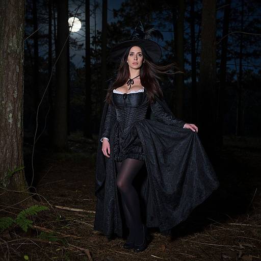 Photograph of a dark-haired woman in a black Victorian-style dress with a large hat, black stockings, standing in a moonlit forest, holding her
