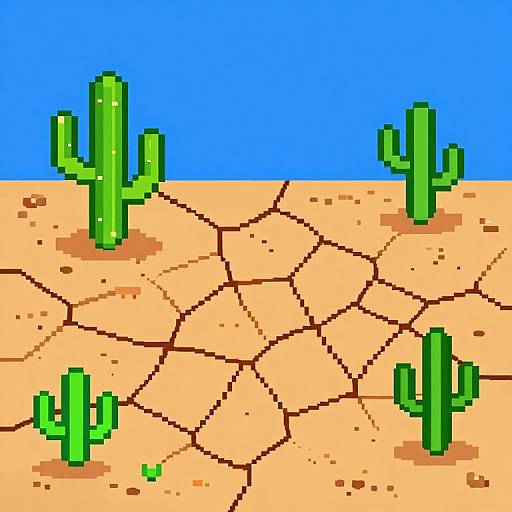 Pixel art of a desert with four green cacti on cracked, beige sand under a bright blue sky. Simple, retro style.