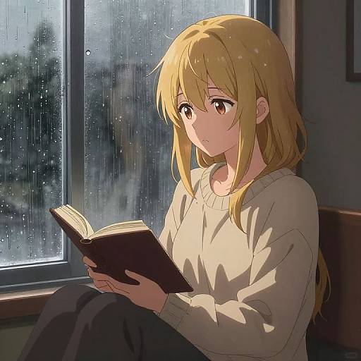 Anime-style digital drawing: Blonde girl with long hair, brown eyes, white sweater, reading book by rainy window, soft sunlight, calm expression.