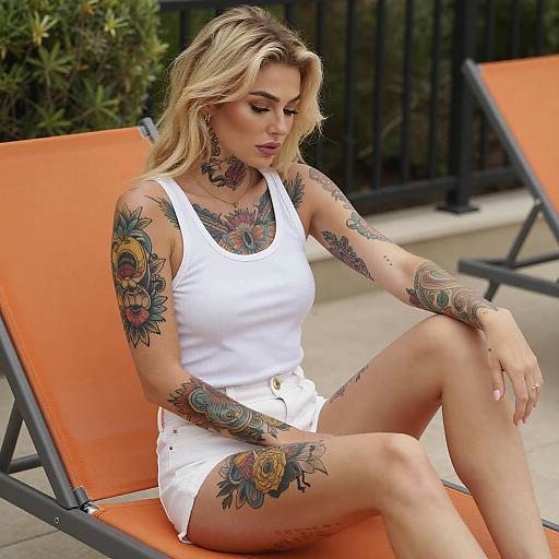 Blonde Woman with Colorful Tattoos Outdoors