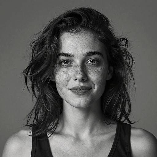 Black-and-white photograph of a young woman with freckles, messy dark hair, wearing a black tank top, smiling softly against a gray background.