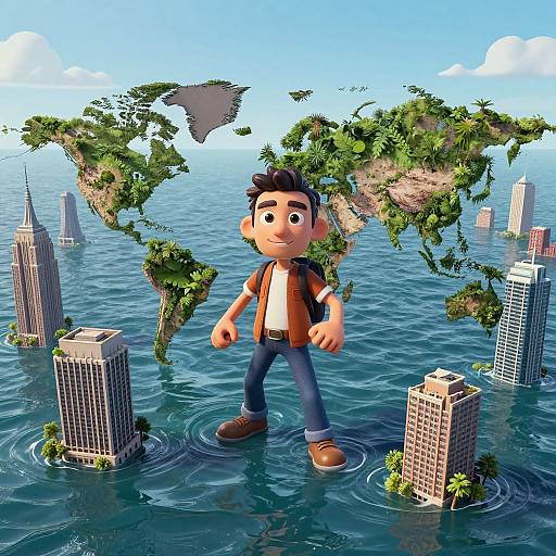 CGI cartoon of a giant, smiling man with dark hair, brown vest, and blue jeans, standing in a flooded city with floating islands and skys