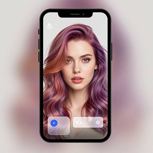 Photorealistic digital image of a young woman with wavy, purple-red hair, centered on a black smartphone screen, with camera and home buttons visible