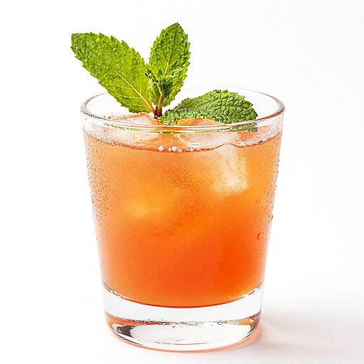 Photograph of a glass filled with a vibrant orange-red cocktail, adorned with two fresh green mint leaves, against a white background.