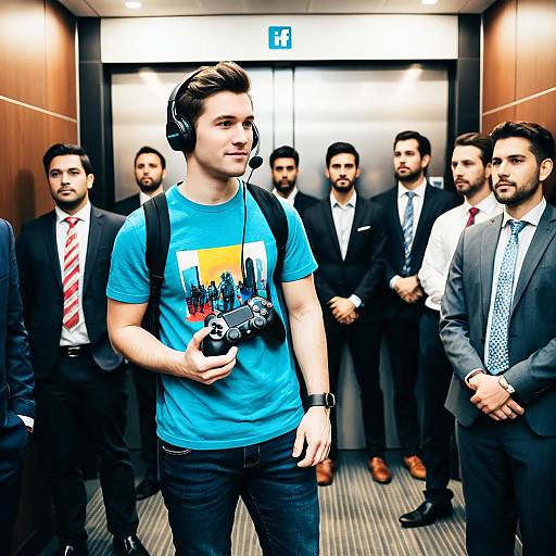 Curious Gamer in Suited Elevator Crowd