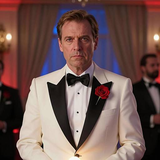 Middle-Aged Man in White Tuxedo Holding Glowing Object