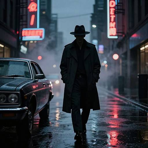 Noir-style photograph of a silhouetted man in a long coat and fedora, walking down a rainy, neon-lit city street with