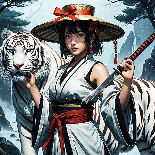 Anime Priestess with White Tiger and Katana