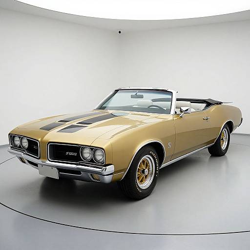 Photograph of a shiny gold 1969 Chevrolet convertible with black racing stripes, chrome accents, and gold alloy wheels, displayed in a white, circular