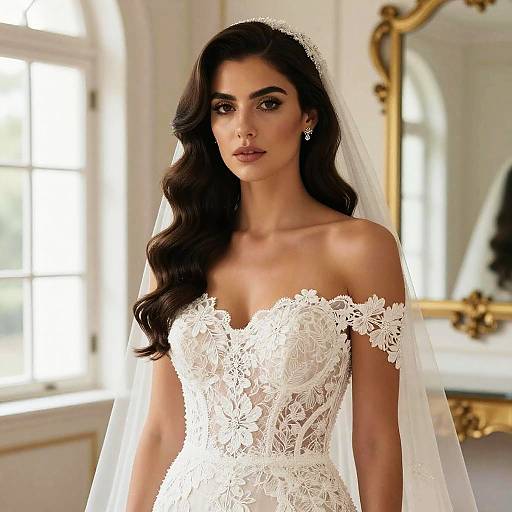 Photograph of a beautiful, dark-haired bride in an off-shoulder, lace white wedding dress with floral patterns, wearing a long veil, standing