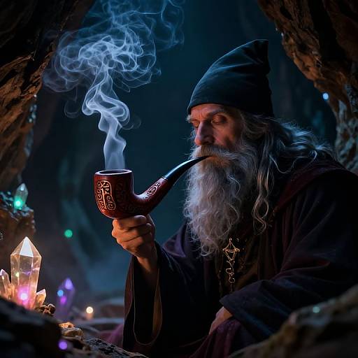 Photograph of a bearded, elderly wizard with a long white beard, wearing a black hat and robe, smoking a carved pipe, surrounded by glowing