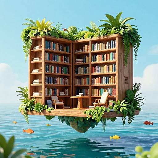 Surreal Floating Library Above Ocean