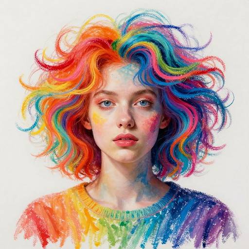Digital painting of a fair-skinned, blue-eyed woman with vibrant, rainbow-colored, wavy hair and a multicolored sweater, against a white