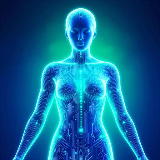 Digital CGI of a glowing blue, neon-lit, cybernetic human figure with circuitry patterns, standing against a dark blue background.