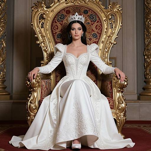Photograph of a dark-haired woman in an ornate white gown and silver crown, seated on a gold, red-patterned throne.