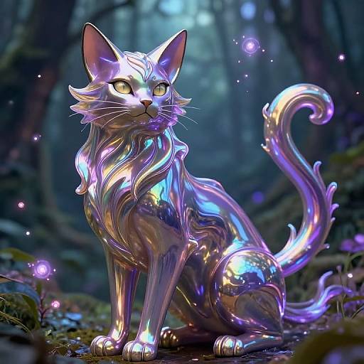 Digital artwork of a glowing, metallic, iridescent cat with purple, blue, and silver hues, sitting in a mystical, dark forest with floating