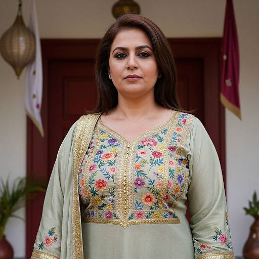 Photograph of a confident Indian woman with medium skin tone, brown hair, wearing a light green embroidered traditional outfit with floral patterns, standing in front of