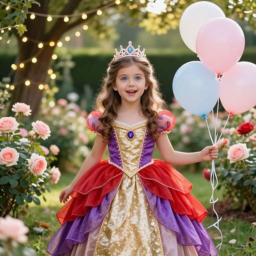 Photograph of a young girl with blue eyes, wearing a gold and purple princess dress, red tutu, crown, and holding white and pink balloons
