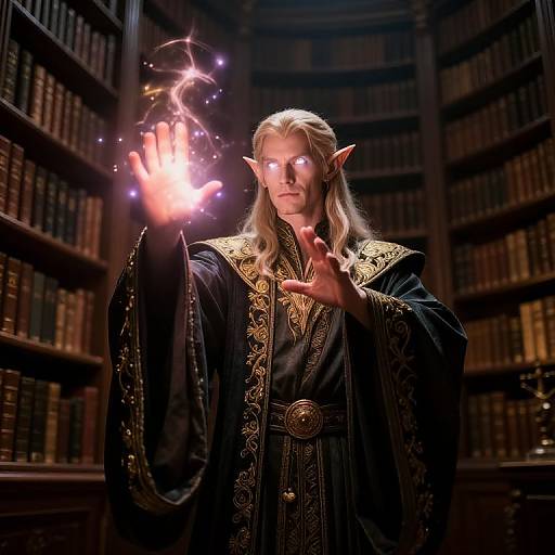 Digital artwork of a glowing-eyed, long-haired elf in ornate black robes, casting a bright, magical spell in a dimly lit library.