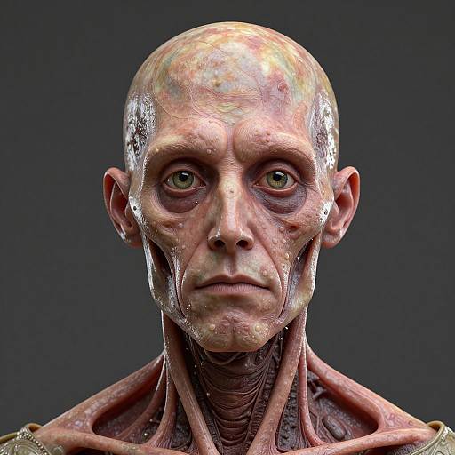 CGI-rendered, highly detailed humanoid with bald head, pale skin, green eyes, wrinkled and shiny texture, exposed neck muscles, dark background