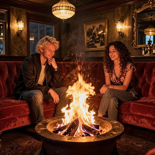 Cozy Couple by Fire in Hotel